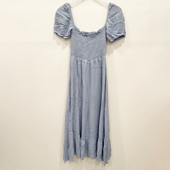 Reformation Meadow Midi Dress in Mineral Blue Small Front Slit Puff Short Sleeve - Picture 2 of 9